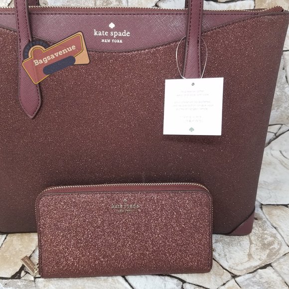 ✨ Shimmy Glitter Top Zip Tote Shoulder Bag Deep Nova Burgundy Wallet Kate spade - Picture 11 of 16